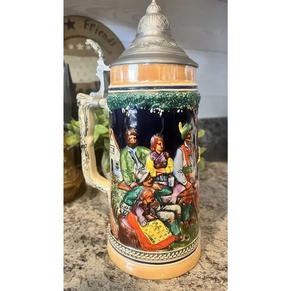 Gerz Dance of the Mountain Tanz Auf Der Alm Lidded Beer Stein 10.5” Hand Painted